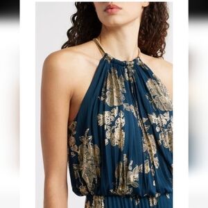 Elegant Gold and Blue Floral Maxi Dress